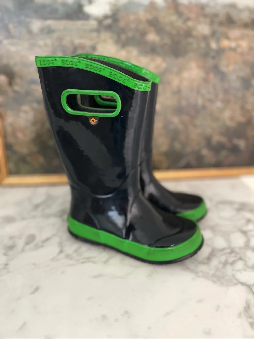 Bogs kids boots size 13 navy blue green waterproof rain snow pull on